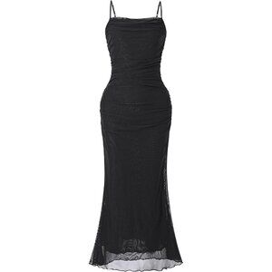 🆕 Women Black Mesh Sexy Cami Long Dresses Floral Slip Maxi RuchedSummer Bodycon